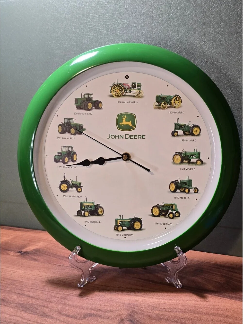 John Deere Tractor Wall Clock 13.5 Inch Green Rim Sound Chime Evolution Sign